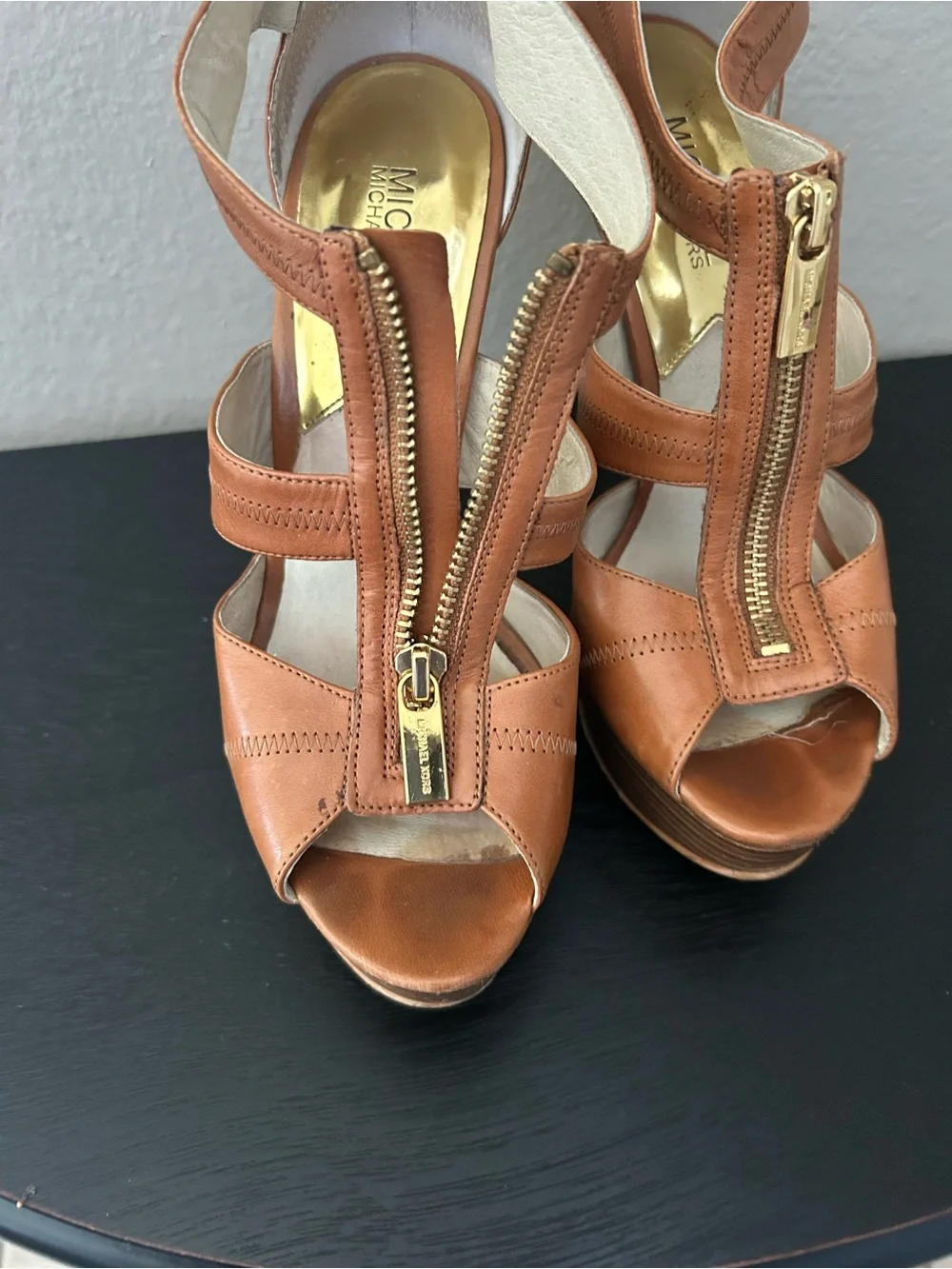 MICHAEL Michael Kors Brown Leather Zip-Front Platform Heels
